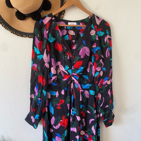 ✨ Parker Cora Silk Blend Multicolor Floral Print Long Sleeve Midi Dress ✨ - Picture 8 of 16